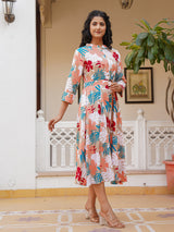 Beige silk floral printed kurti with elegant belt design