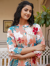 Beige silk floral printed kurti with elegant belt design
