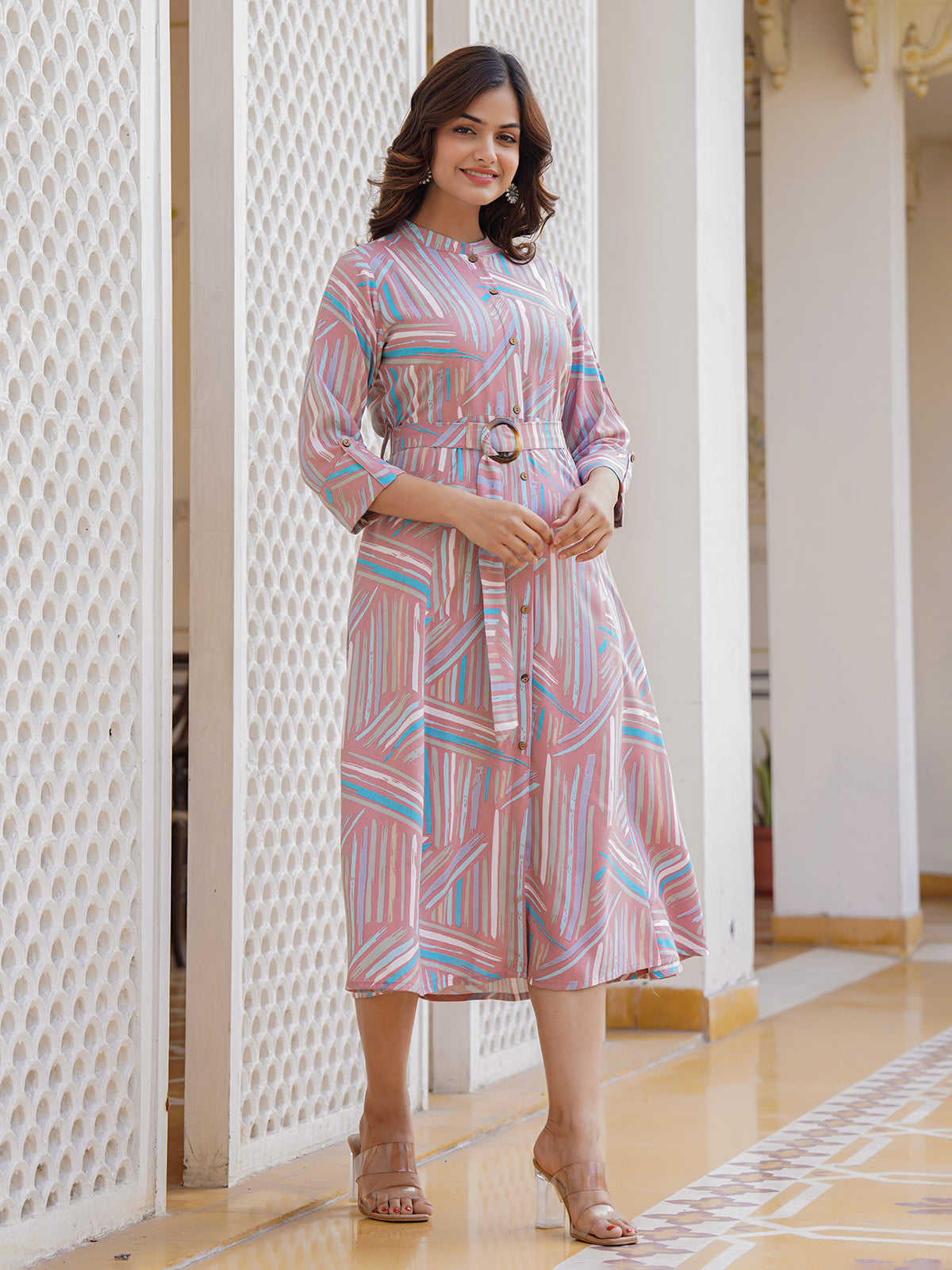 Dusty pink cotton silk printed kurti with belt styling