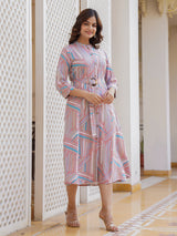 Dusty pink cotton silk printed kurti with belt styling