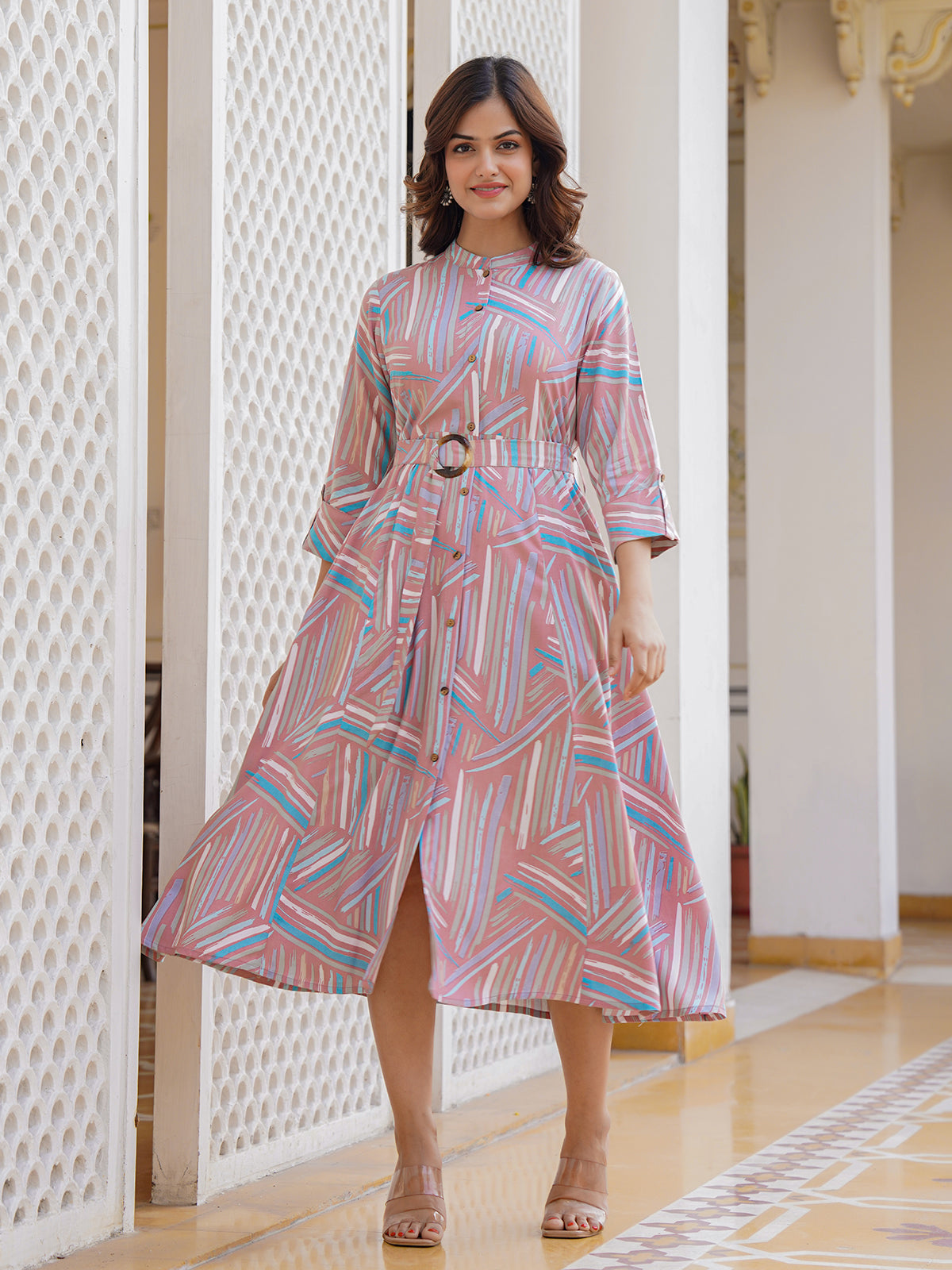 Dusty pink cotton silk printed kurti with belt styling