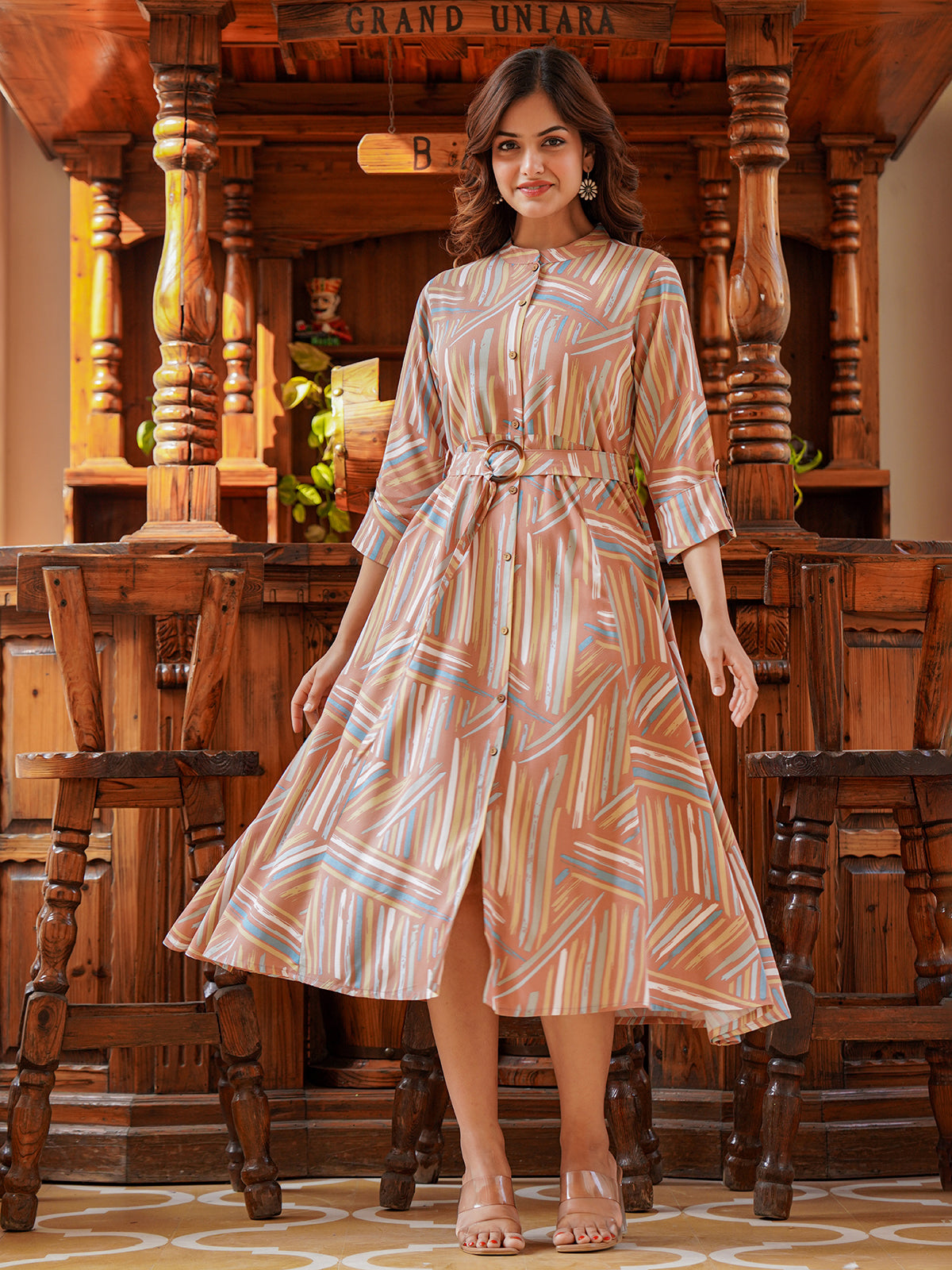 Dusty peach cotton silk printed kurti with belt design