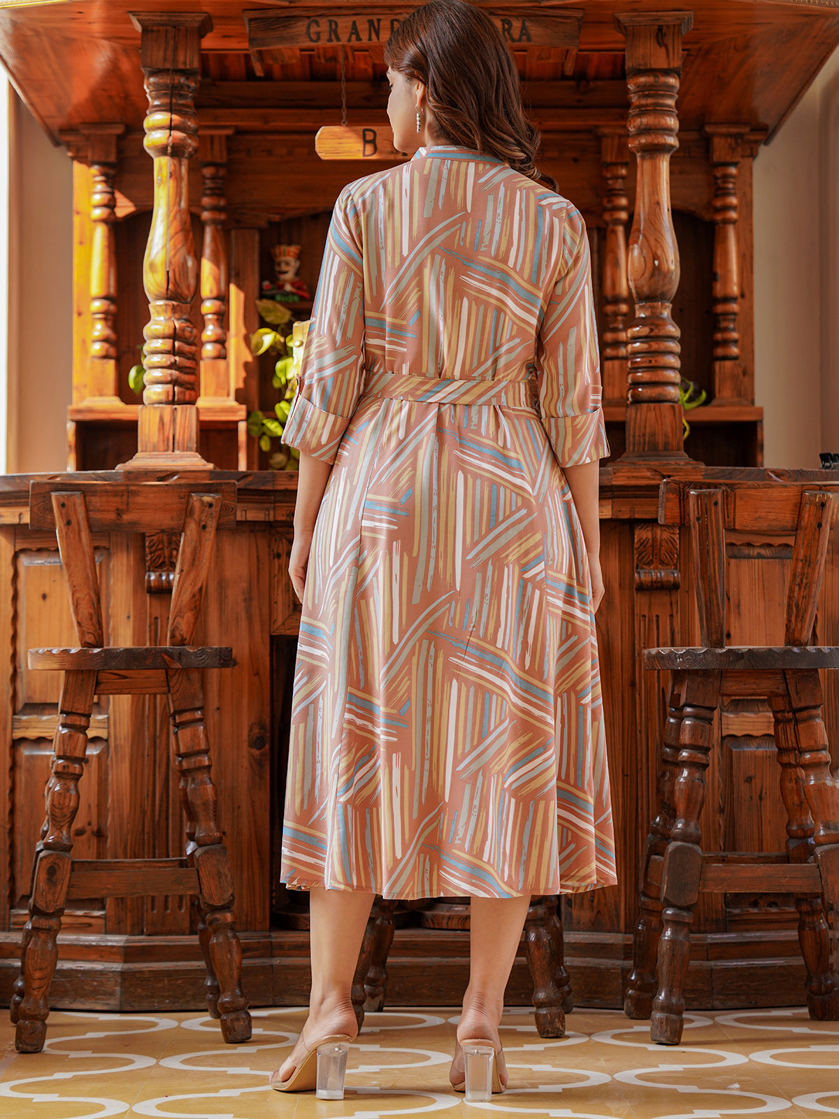 Dusty peach cotton silk printed kurti with belt design
