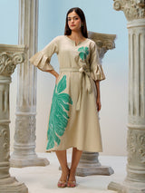 Beige cotton linen printed kurti with belt styling