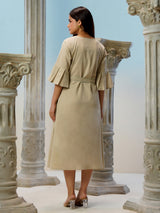 Beige cotton linen printed kurti with belt styling