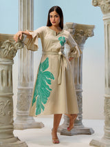 Beige cotton linen printed kurti with belt styling