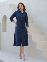 Navy cotton silk kurti with white thread belt accent