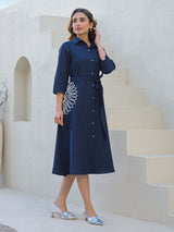 Navy cotton silk kurti with white thread belt accent