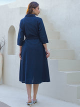Navy cotton silk kurti with white thread belt accent
