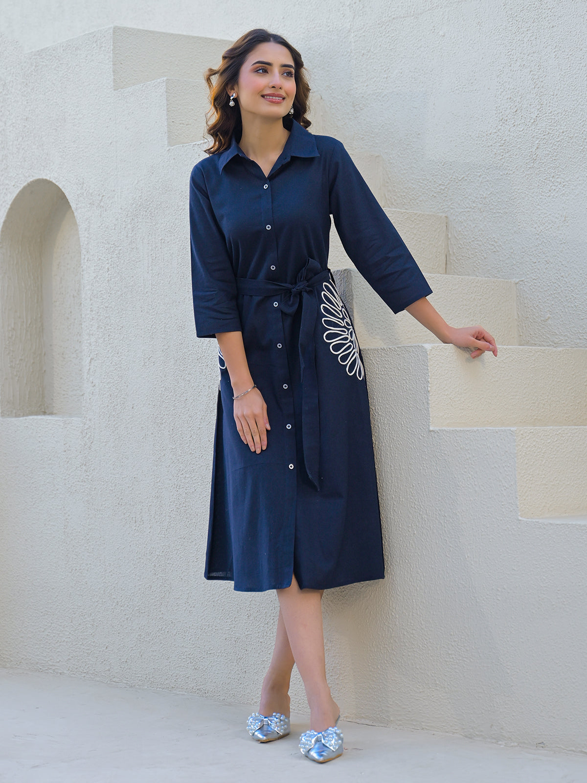 Navy cotton silk kurti with white thread belt accent