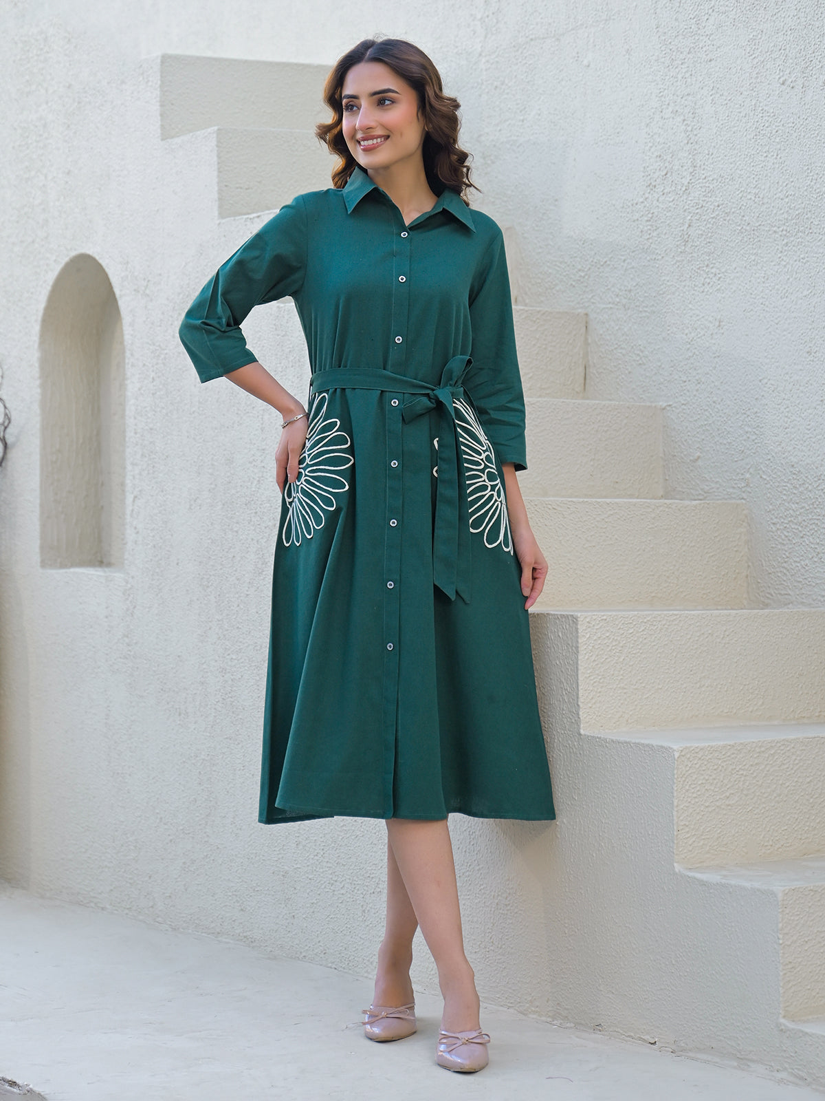 Green cotton silk kurti with white thread belt detailing