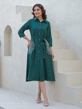 Green cotton silk kurti with white thread belt detailing