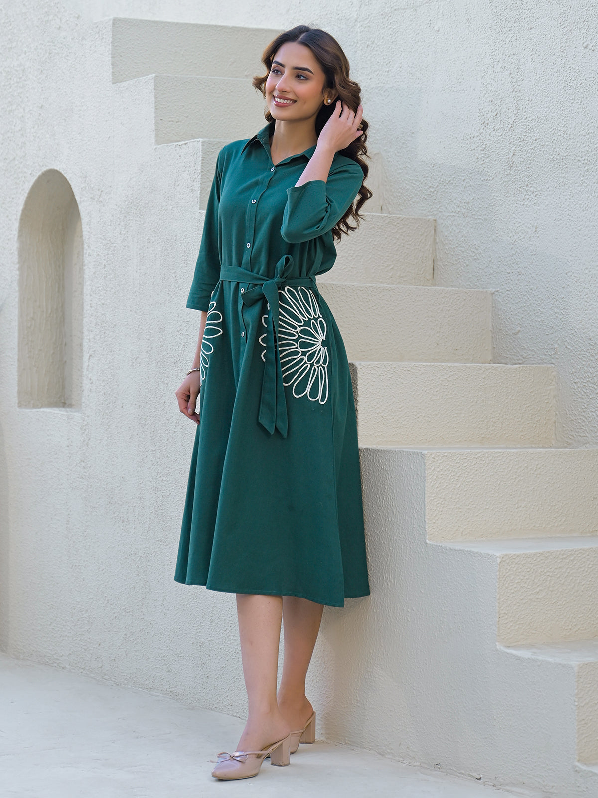 Green cotton silk kurti with white thread belt detailing