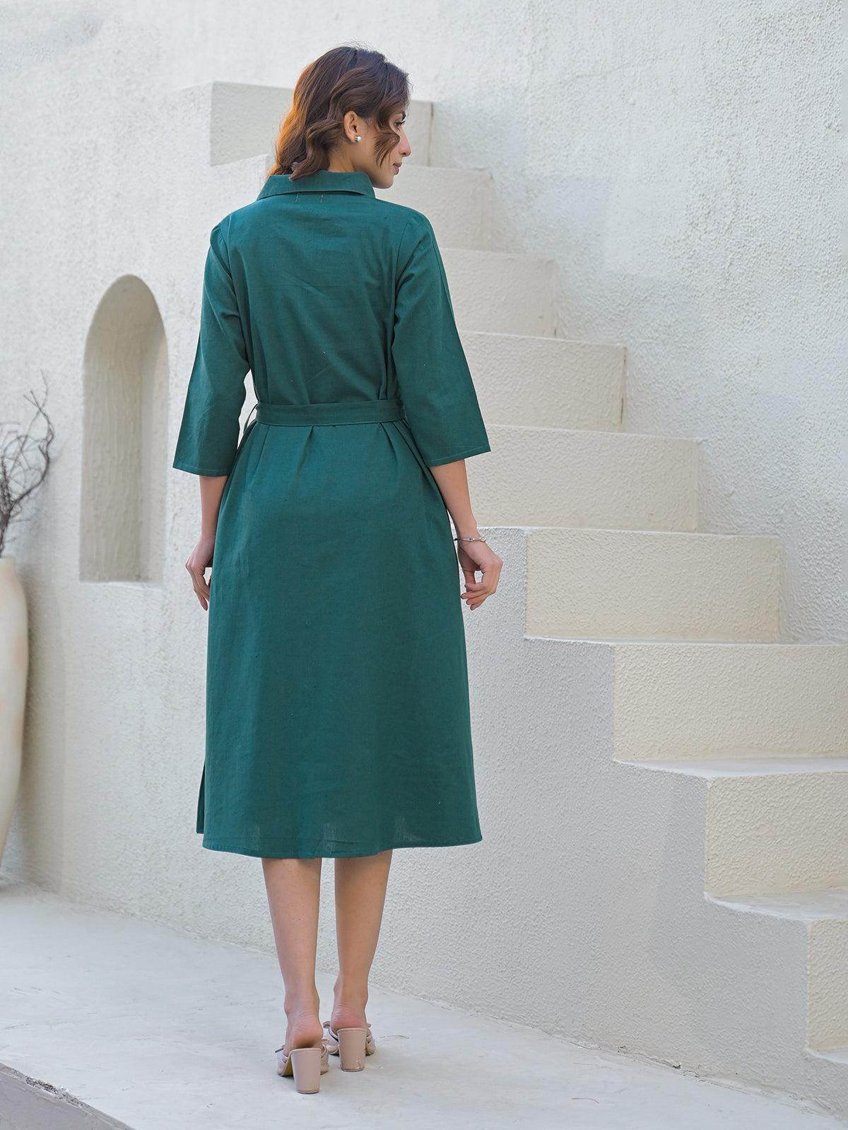 Green cotton silk kurti with white thread belt detailing