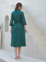 Green cotton silk kurti with white thread belt detailing