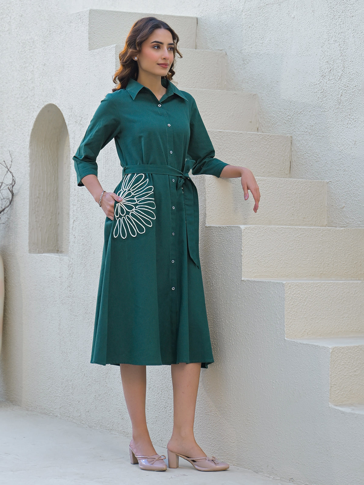 Green cotton silk kurti with white thread belt detailing