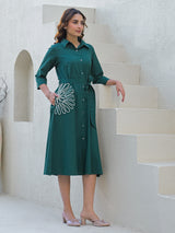 Green cotton silk kurti with white thread belt detailing
