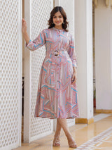 Onion pink cotton silk printed kurti with stylish belt