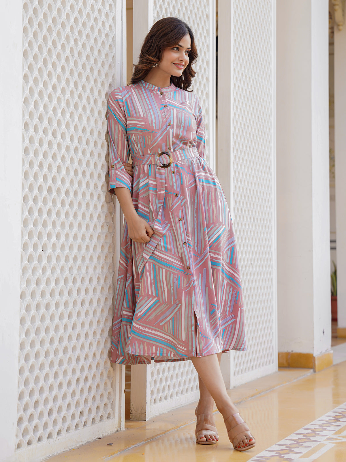 Onion pink cotton silk printed kurti with stylish belt