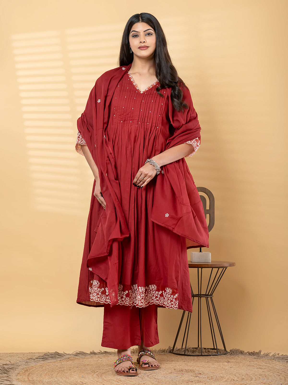Maroon cotton embroidered kurti set with cutdana detailing