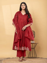 Maroon cotton embroidered kurti set with cutdana detailing