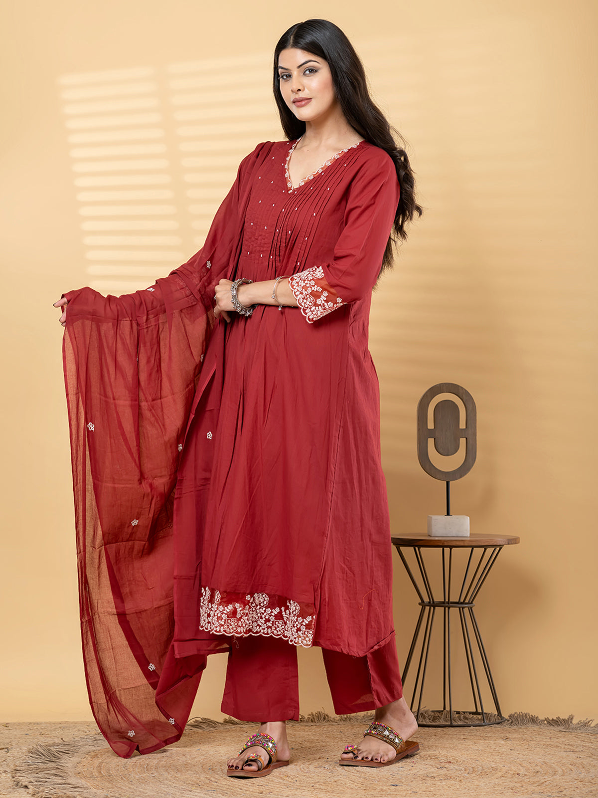Maroon cotton embroidered kurti set with cutdana detailing