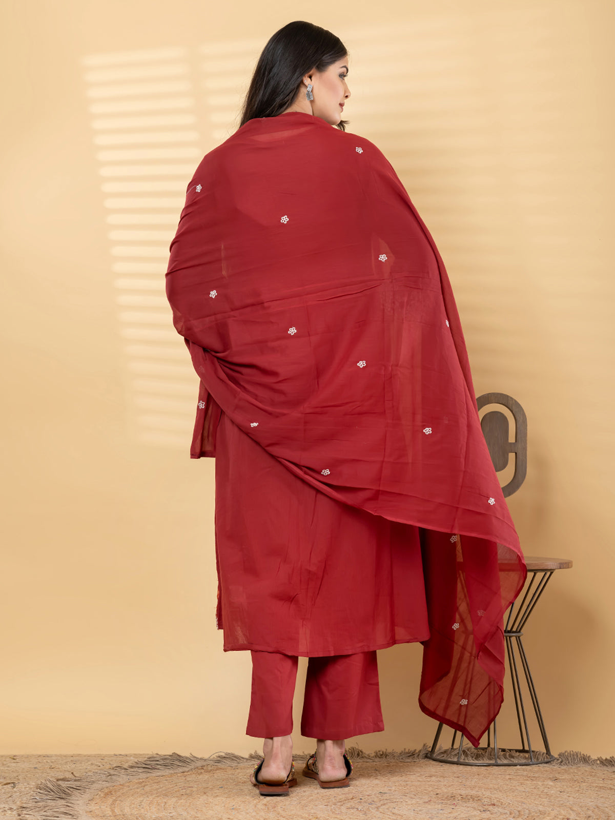 Maroon cotton embroidered kurti set with cutdana detailing