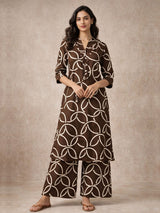 Brown silk printed kurti palazzo set with stand collar