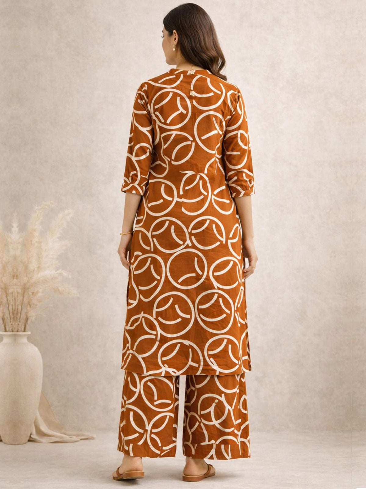 Rust orange silk printed kurti palazzo set festive wear