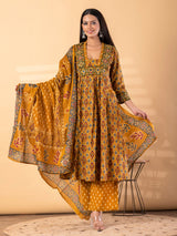 Mustard yellow silk yoke kurti set with mirror work