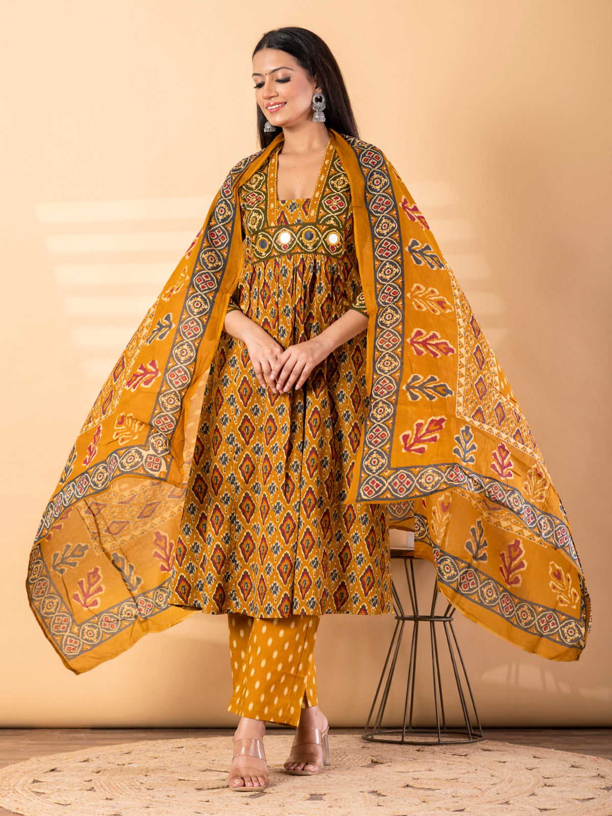 Mustard yellow silk yoke kurti set with mirror work