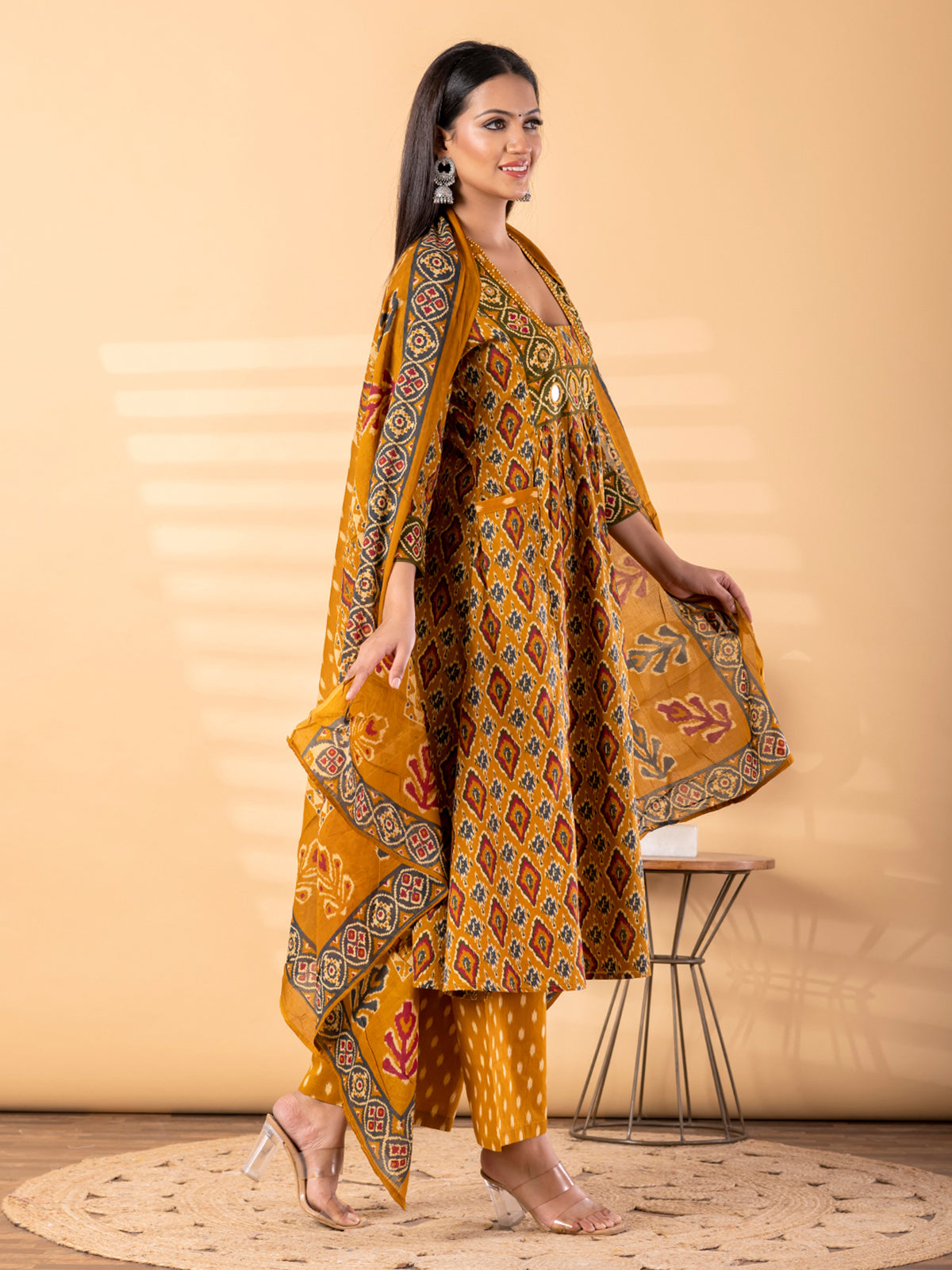Mustard yellow silk yoke kurti set with mirror work