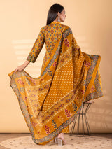 Mustard yellow silk yoke kurti set with mirror work