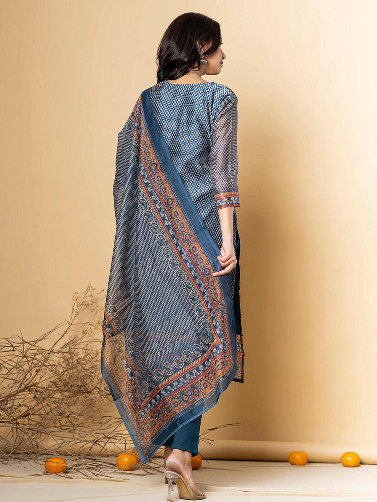Blue silk straight kurti set with sequins and cutdana work