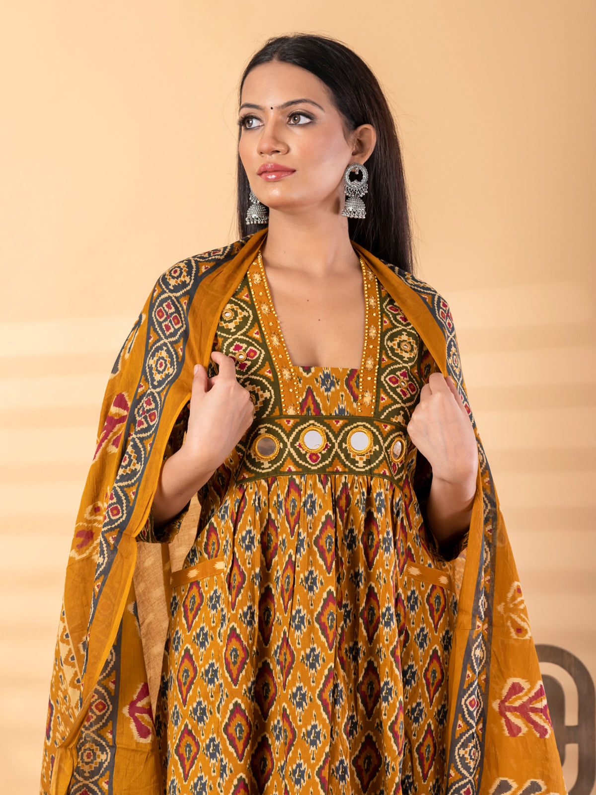 Mustard yellow silk yoke kurti set with mirror work