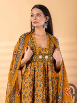 Mustard yellow silk yoke kurti set with mirror work