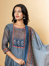 Blue silk straight kurti set with sequins and cutdana work