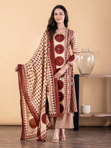 Cream maroon cotton silk kurti palazzo set with mirror work