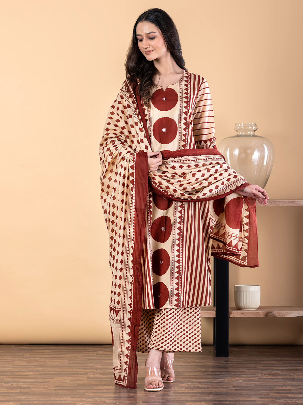 Cream maroon cotton silk kurti palazzo set with mirror work