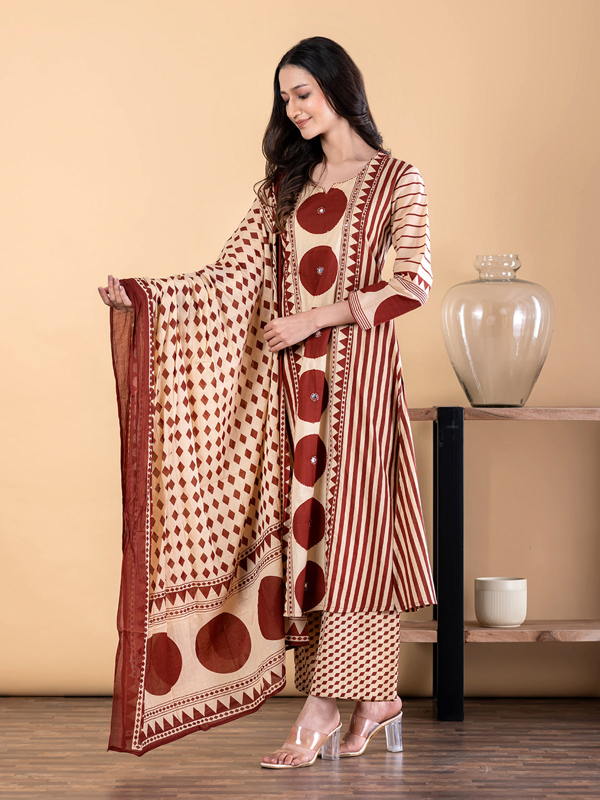 Cream maroon cotton silk kurti palazzo set with mirror work