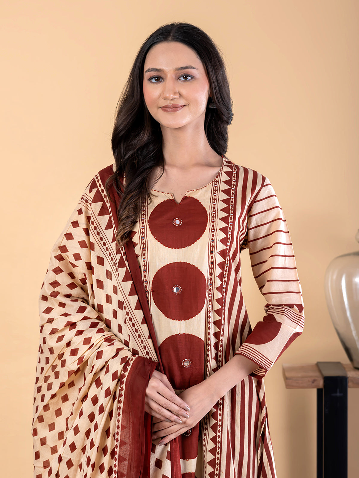 Cream maroon cotton silk kurti palazzo set with mirror work