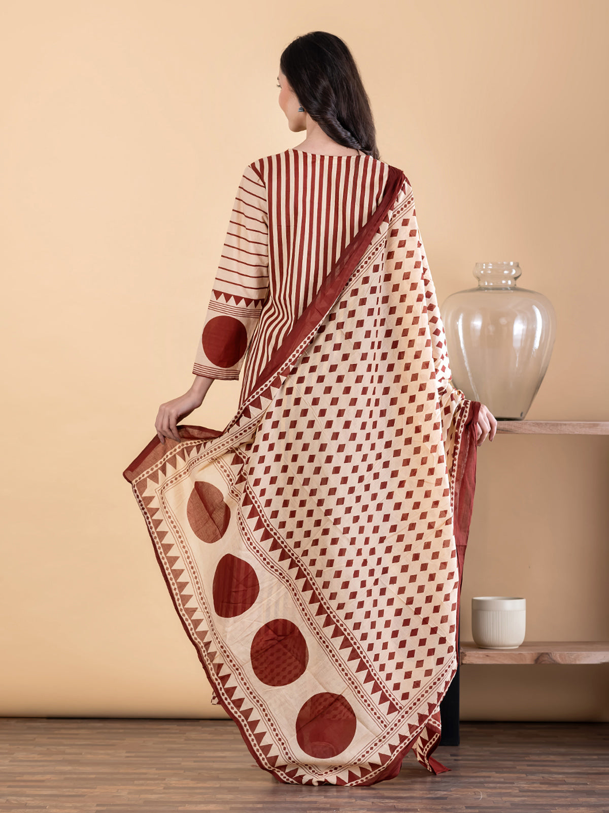 Cream maroon cotton silk kurti palazzo set with mirror work