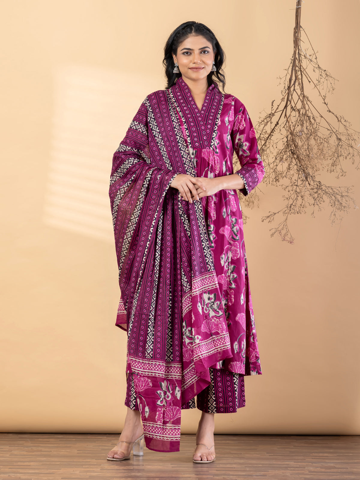 Purple silk printed festive kurti palazzo set with dupatta