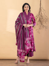 Purple silk printed festive kurti palazzo set with dupatta