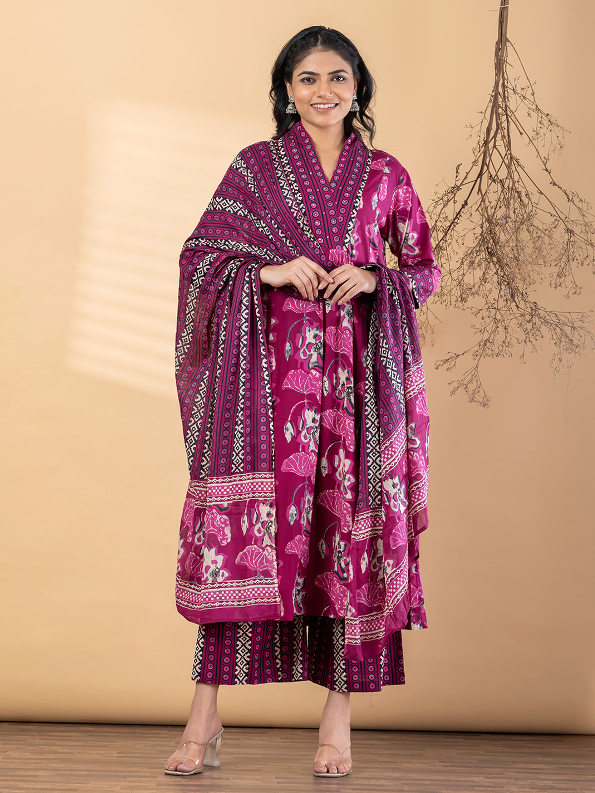 Purple silk printed festive kurti palazzo set with dupatta