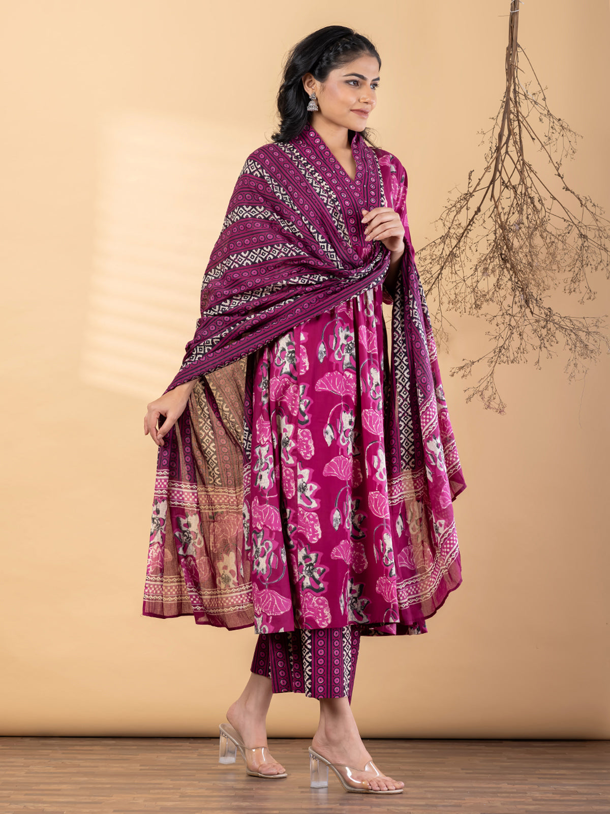 Purple silk printed festive kurti palazzo set with dupatta