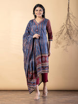 Blue maroon silk printed kurti set with festive pant