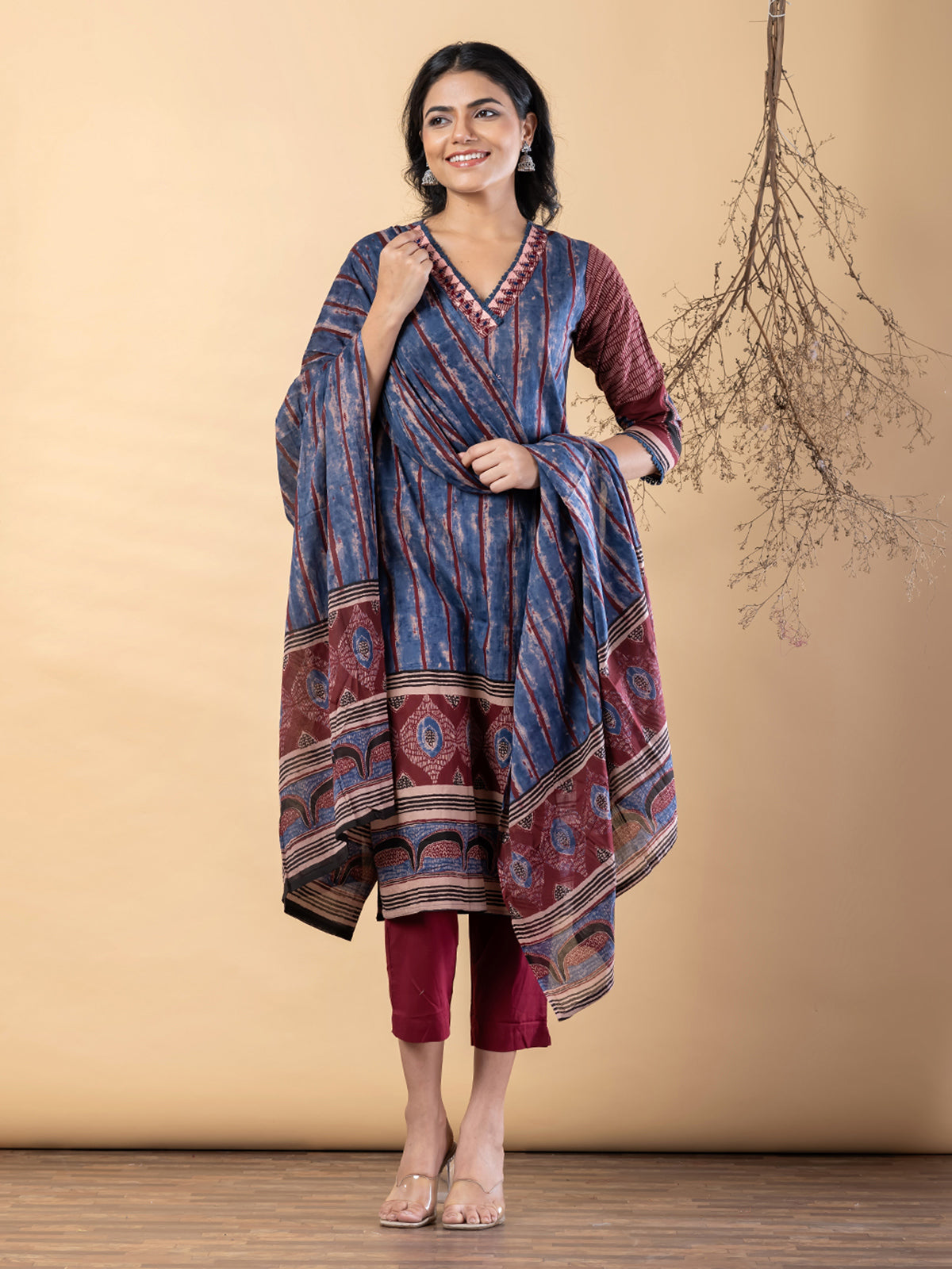 Blue maroon silk printed kurti set with festive pant