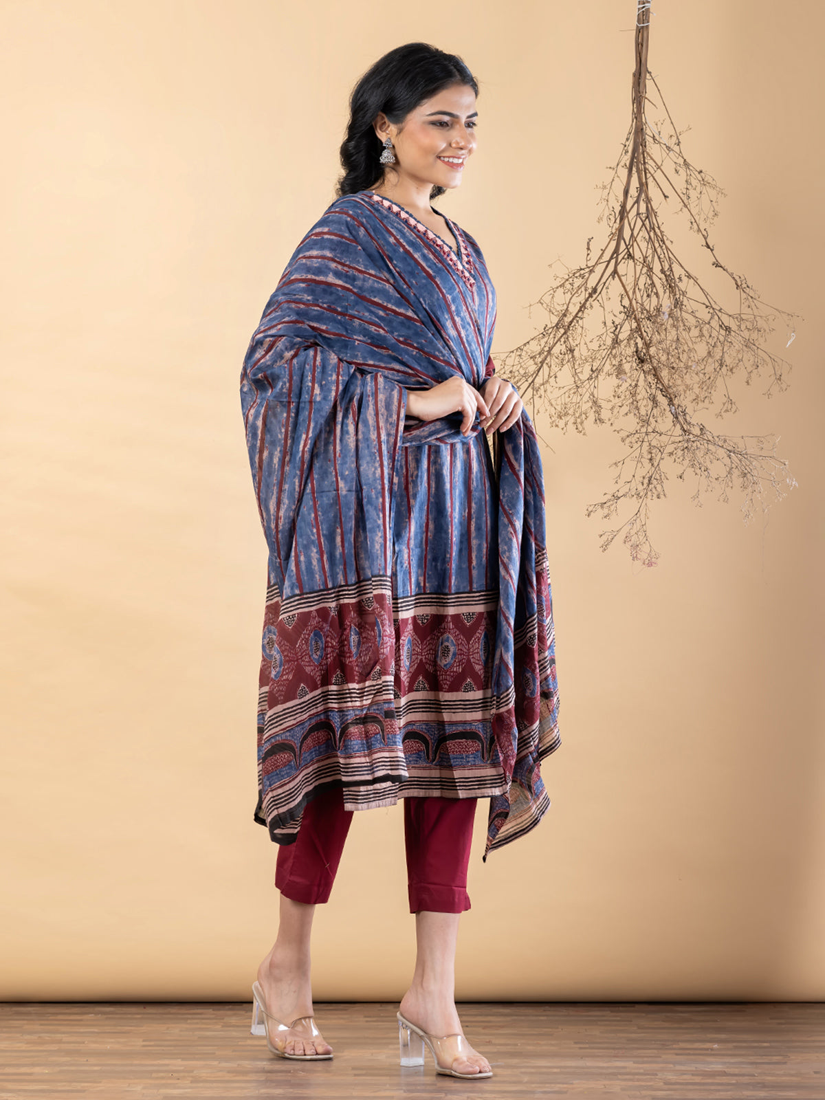 Blue maroon silk printed kurti set with festive pant