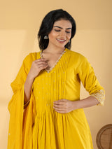 Yellow cotton silk yoke kurti set with beadwork detailing